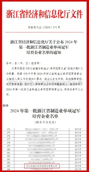 金年会体育官方网站入选2024年第一批浙江省制造业单项冠军培育企业名单